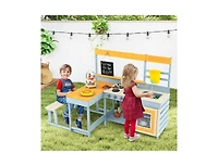 Fir Wood Play Kitchen with Kids Picnic Table and Built-in Bench