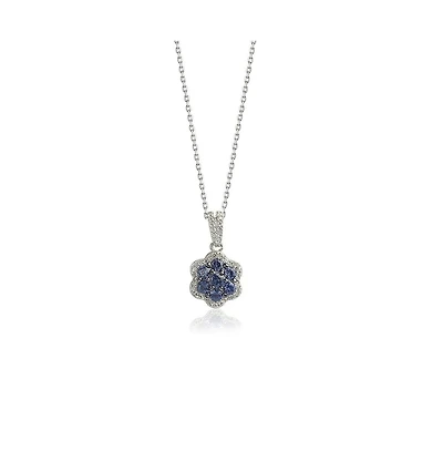 Suzy Levian Sterling Silver Sapphire & Created White Flower Pendant