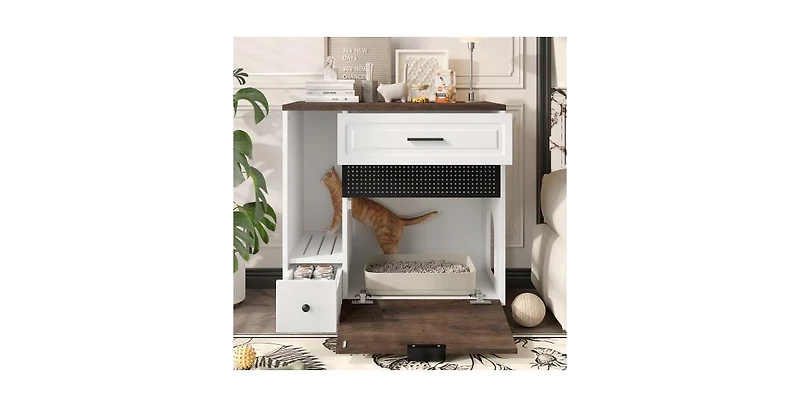 Aostirmotor Cat Litter Box Cabinet with Two Drawers White Brown