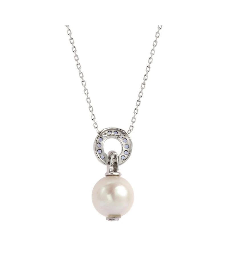 Suzy Levian New York Sterling Silver Freshwater Pearl & Sapphire Classic Circle Pendant