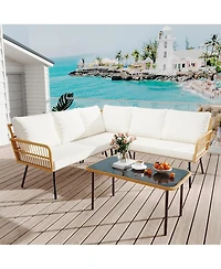 gaomon 4 Pieces Beige Boho Rattan Patio Furniture Set, L-Shaped Sectional with Cushions, Side Table & Chairs for Apartment & Backyard