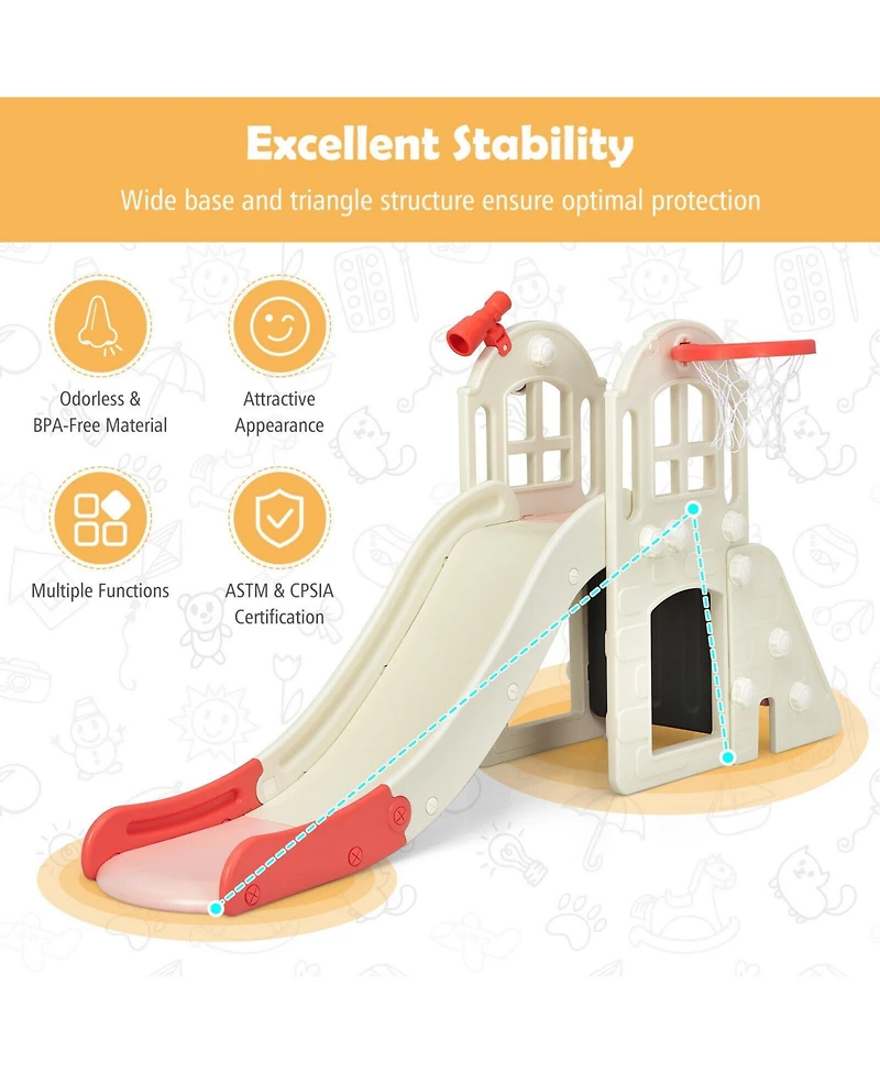 Akiudex 6-in-1 Kids Slide and Climber Playset with Basketball Hoop and Ring Toss