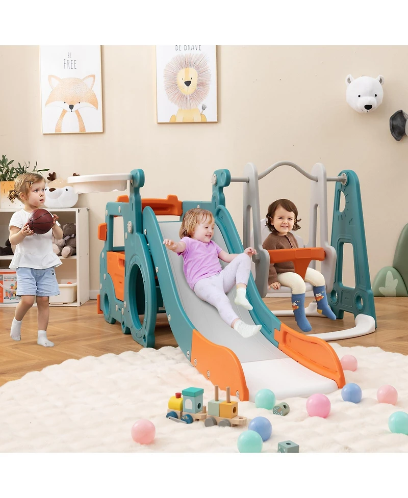 Akiudex 5 in 1 Indoor Folding Playset with Slide Swing Tunnel and Mini Bus for Toddlers