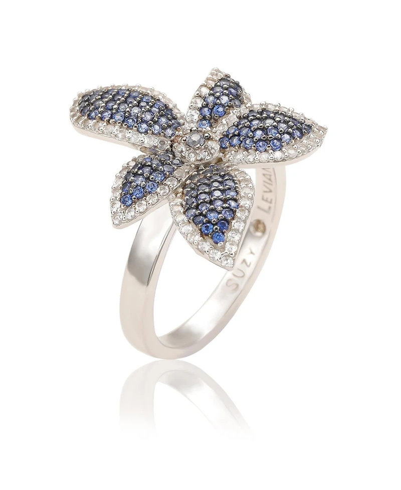 Suzy Levian Sterling Silver Sapphire & White Flower Ring