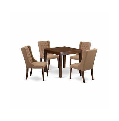 East West Furniture 5-Pc Dining Room Table Set Includes 1 Dining Table with Square Table top and 4 Light Sable Linen Fabric Kitchen Chairs Button Tuft
