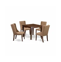 East West Furniture 5-Pc Dining Room Table Set Includes 1 Dining Table with Square Table top and 4 Light Sable Linen Fabric Kitchen Chairs Button Tuft