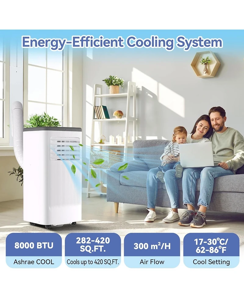 gaomon 8,000 Btu Portable Air Conditioner - Flarhetoric 3-in-1 Cooling/Fan/Dry Unit for 420 Sq. Ft, Low Noise for Home & Office, White & Gray