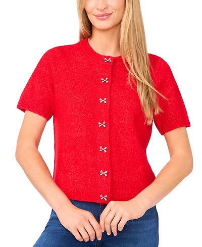 CeCe Women's Short Sleeve Bow Button Cardigan Sweater
