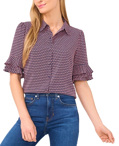 CeCe Women's Button Up Collared Elbow Ruffle Sleeve Top