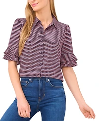 CeCe Women's Button Up Collared Elbow Ruffle Sleeve Top