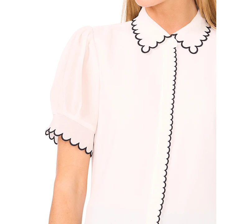 CeCe Women's Scallop Contrast Trim Button Up Top