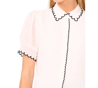 CeCe Women's Scallop Contrast Trim Button Up Top