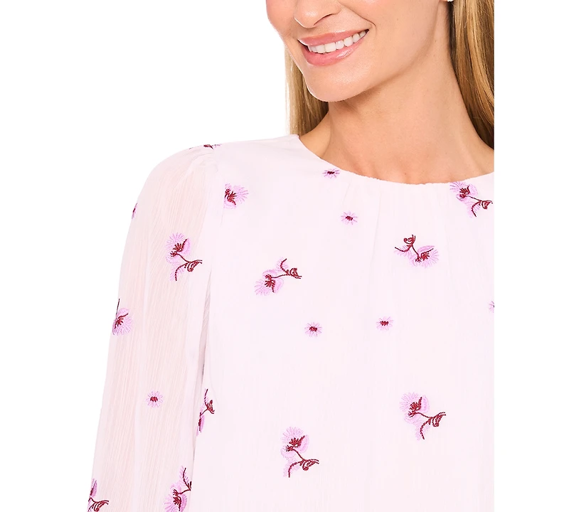 CeCe Women's Long Sleeve Embroidered Smocked Cuff Top