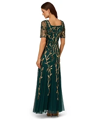 Adrianna Papell Women's Square-Neck Beaded Mesh Gown