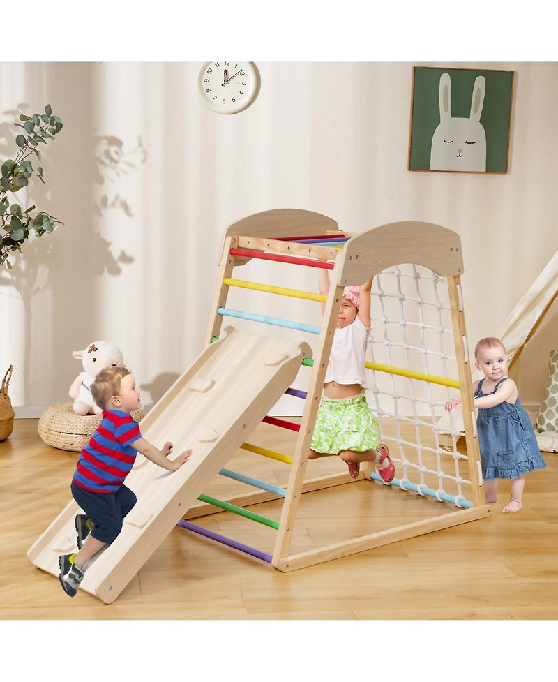 Akiudex 6-in-1 Wooden Indoor Playground with Slide, Climbing Ladder, Rock Wall, and Monkey Bars