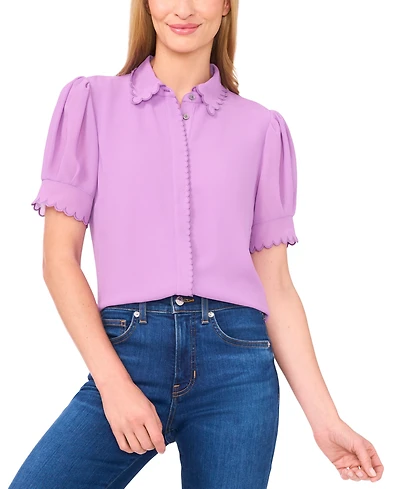 CeCe Women's Scalloped Puff-Sleeve Button-Front Top