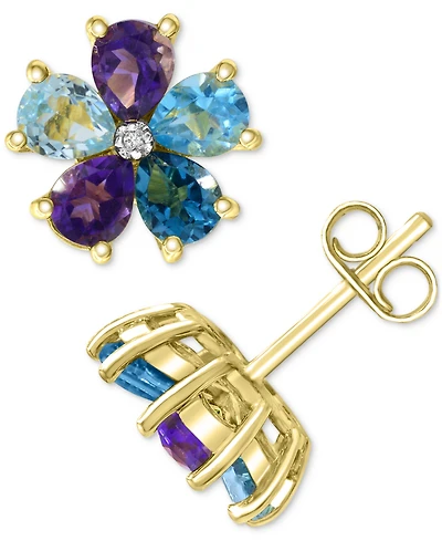 Multi Gemstone and Diamond Accent Flower Stud Earrings in 14K Gold-Plated Sterling Silver