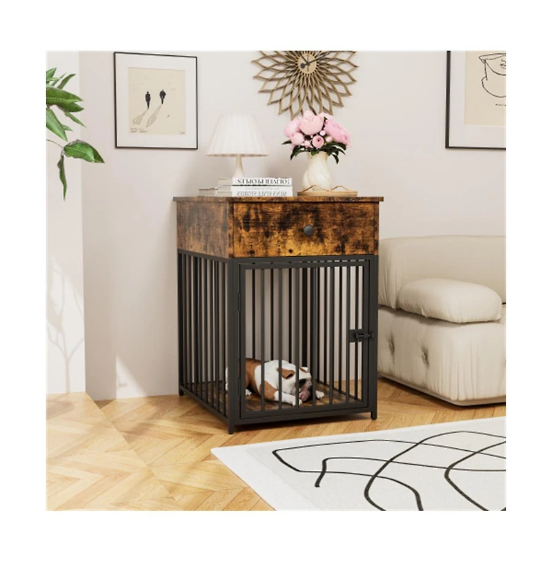 Aostirmotor Dog Crate Furniture Dog House Kennel with Drawer Indoor Small Dog Chew Proof Iron Tube