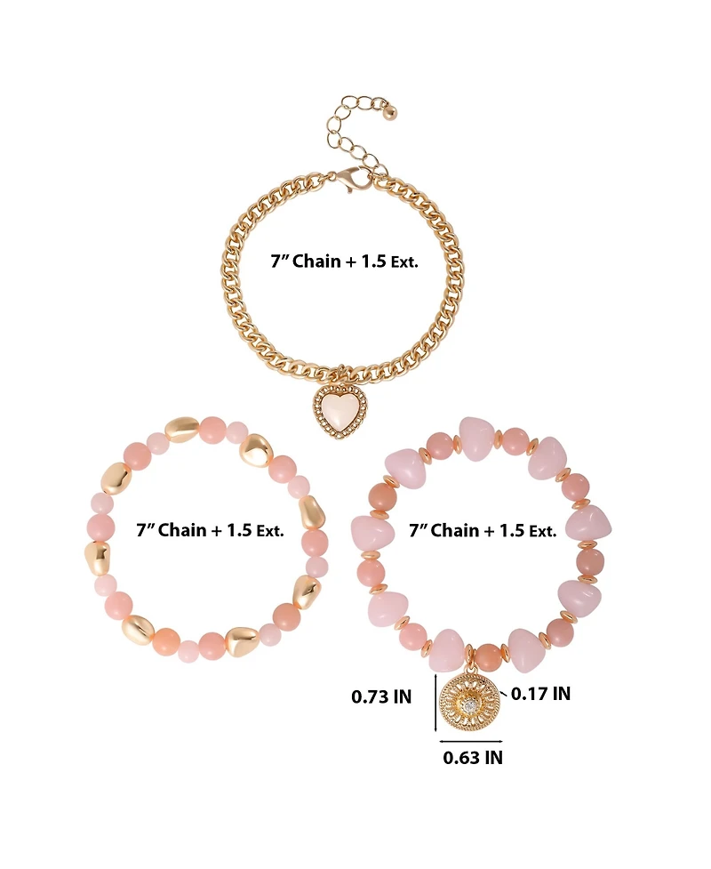 Jessica Simpson Set of 3 Pink and Gold-Tone Beaded Stretch Bracelets