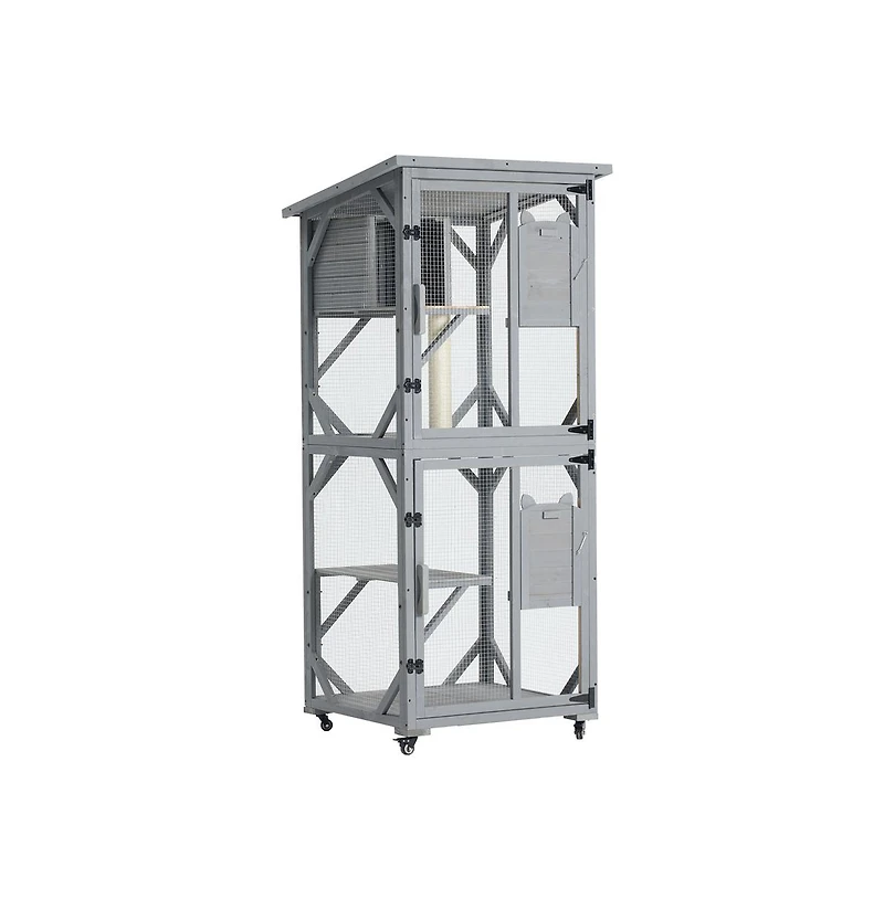 Aostirmotor 70.9 in. H Outdoor Cat Enclosure on Wheels with Upgraded Resting Box Waterproof Roof in Gray