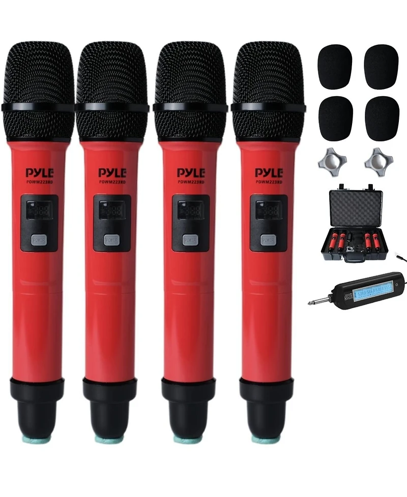 Pyle Portable Universal Wireless Microphone System, Uhf Quad Channel Addressable Frequency, Includes (4) Handheld Microphones (Red)