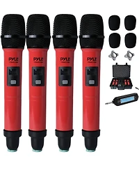 Pyle Portable Universal Wireless Microphone System, Uhf Quad Channel Addressable Frequency, Includes (4) Handheld Microphones (Red)