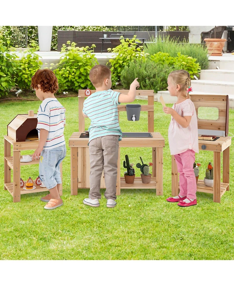 3-Piece Outdoor Wooden Kitchen Playset Kids Mud Kitchen Bbq Grill & Pizza Oven