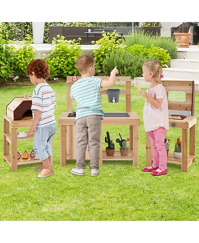 3-Piece Outdoor Wooden Kitchen Playset Kids Mud Kitchen Bbq Grill & Pizza Oven