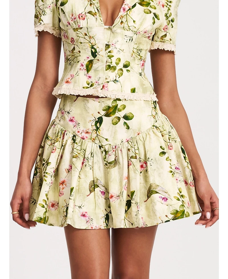 Miss Circle Women Zanelle Green Floral Print Drop Waist Linen Full Skirt