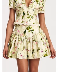 Miss Circle Women Zanelle Green Floral Print Drop Waist Linen Full Skirt
