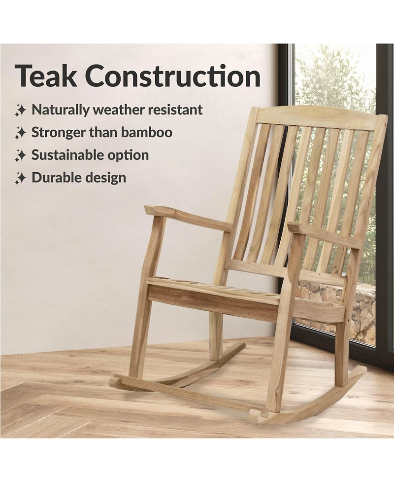 Sunnydaze Decor Teak Wood Outdoor Porch Rocking Chair with Slatted Back, 275 lb Capacity, Unfinished