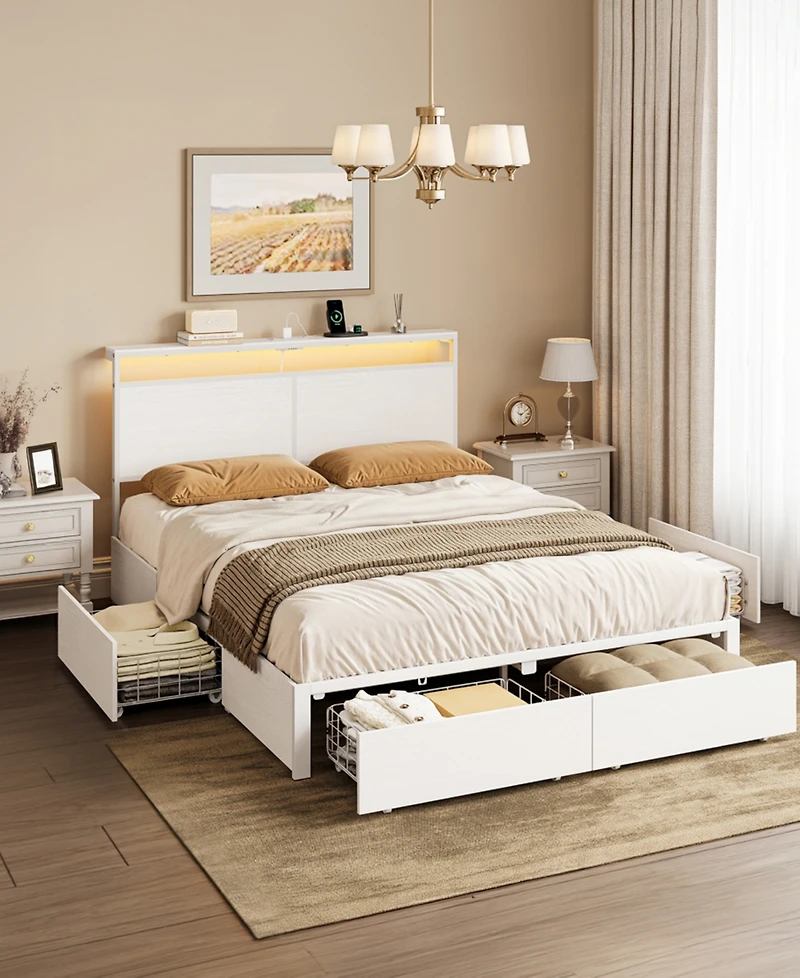 Hausource Full Bed Frame with 4 Drawers, Led Headboard & Charging Station, White Metal