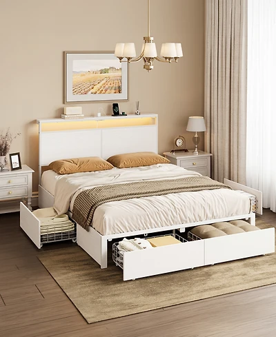 Hausource Full Bed Frame with 4 Drawers, Led Headboard & Charging Station, White Metal