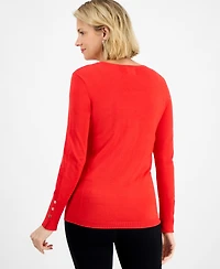 Jm Collection Women's Button-Sleeve Crewneck Sweater, Created for Macy's