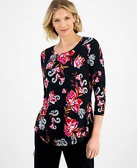 Jm Collection Women's Printed Scoop-Neck 3/4-Sleeve Top, Macy's Exclusive