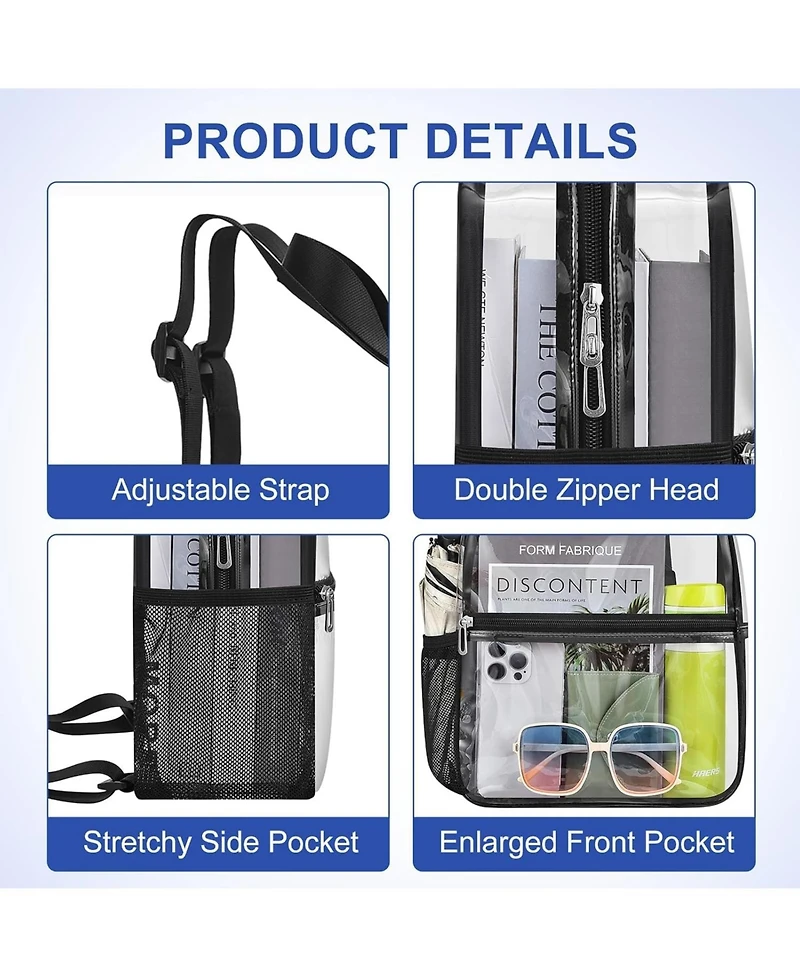 Clear Backpack Stadium Approved 12×12×6 Clear Mini Backpack Small Transparent Backpack for Concert, Beach, Work, Travel & Sporting Black