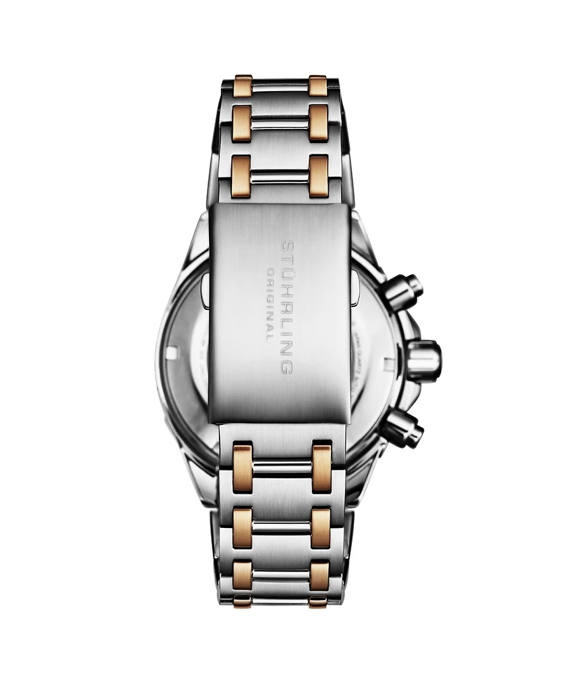 Stuhrling 1022 Men s Chronograph Watch Quartz Movement Gunmetal Dial Black Subdials Black Bezel Two Tone Stainless Steel Bracelet 50M Water Resistant