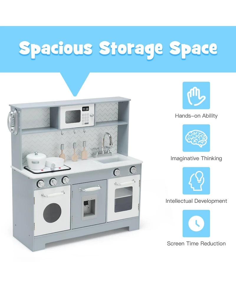 Pretend Play Kitchen Wooden Toy Set for Kids with Realistic Light and Sound