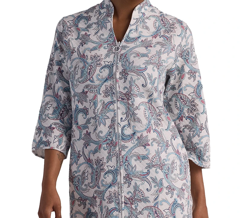 Miss Elaine Women's 3/4-Sleeve Printed Short Zip Robe
