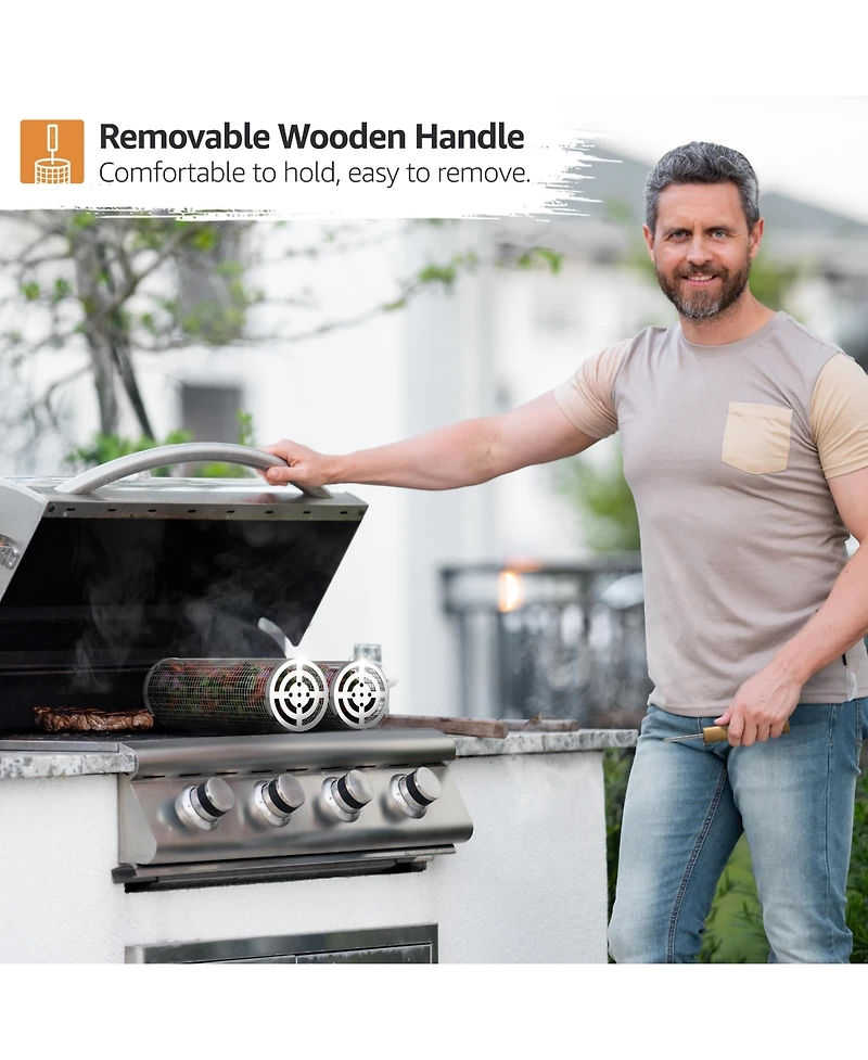 Sorbus 2 Pack Stainless Stee Rolling Grill Baskets with Removable Wooden Handle - Bbq, Outdoor Cooking, Camping