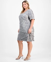 Connected Plus Short-Sleeve Tiered Metallic Sheath Dress