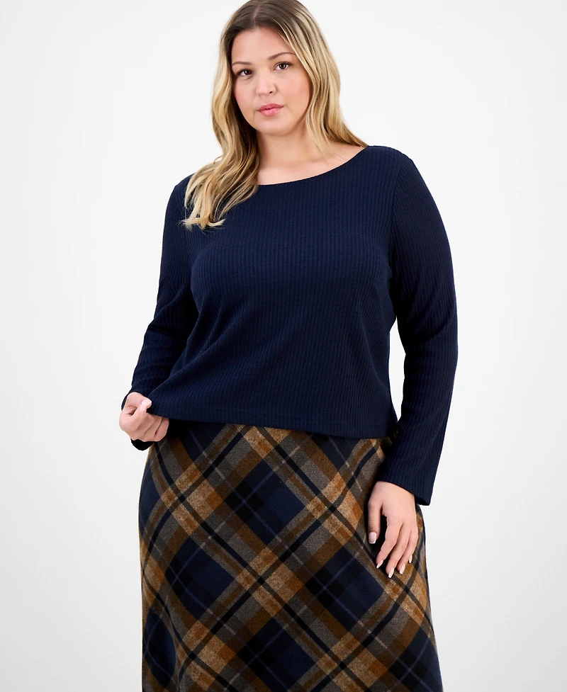 Connected Plus Sweater-Top Plaid-Skirt Dress