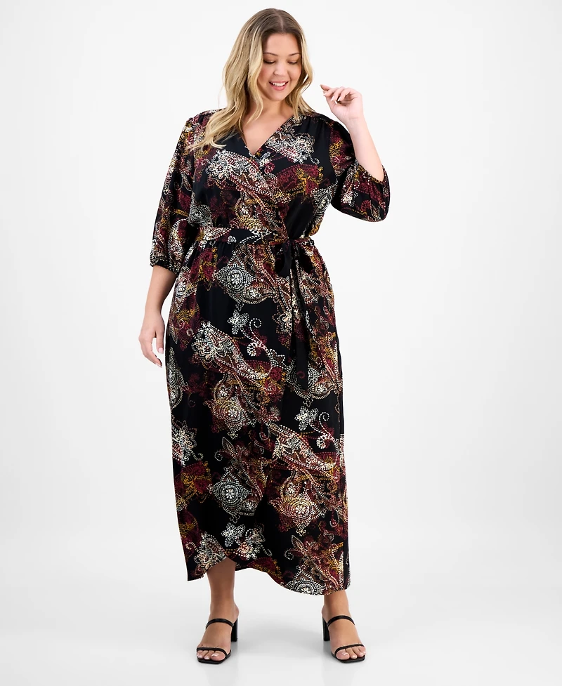 Connected Plus Woven Long-Sleeve Tie-Waist Dress