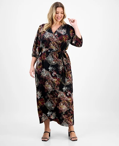 Connected Plus Woven Long-Sleeve Tie-Waist Dress