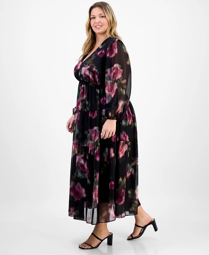 Robbie Bee Plus V-Neck Printed Chiffon Long-Sleeve Maxi Dress