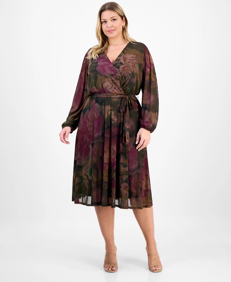 Robbie Bee Plus Long-Sleeve Printed Mesh A-Line Dress