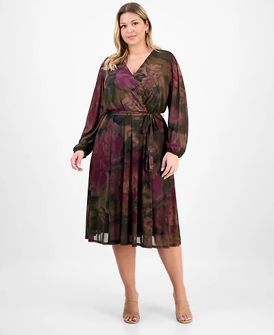 Robbie Bee Plus Long-Sleeve Printed Mesh A-Line Dress