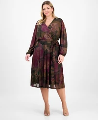 Robbie Bee Plus Long-Sleeve Printed Mesh A-Line Dress