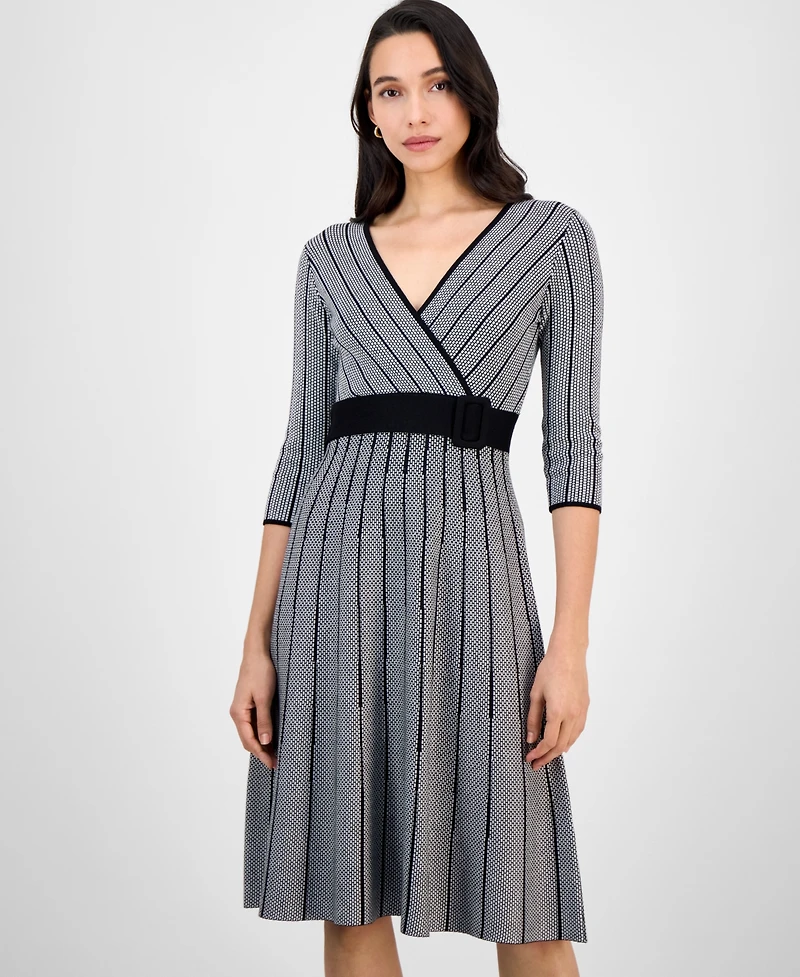 Robbie Bee Petite Belted Surplice V-Neck Sweater Dress