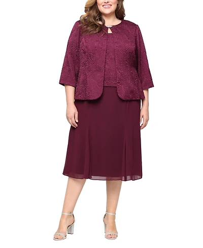 Alex Evenings Plus Tea Length Textured Jacquard 3/4-Sleeve Midi Jacket Dress